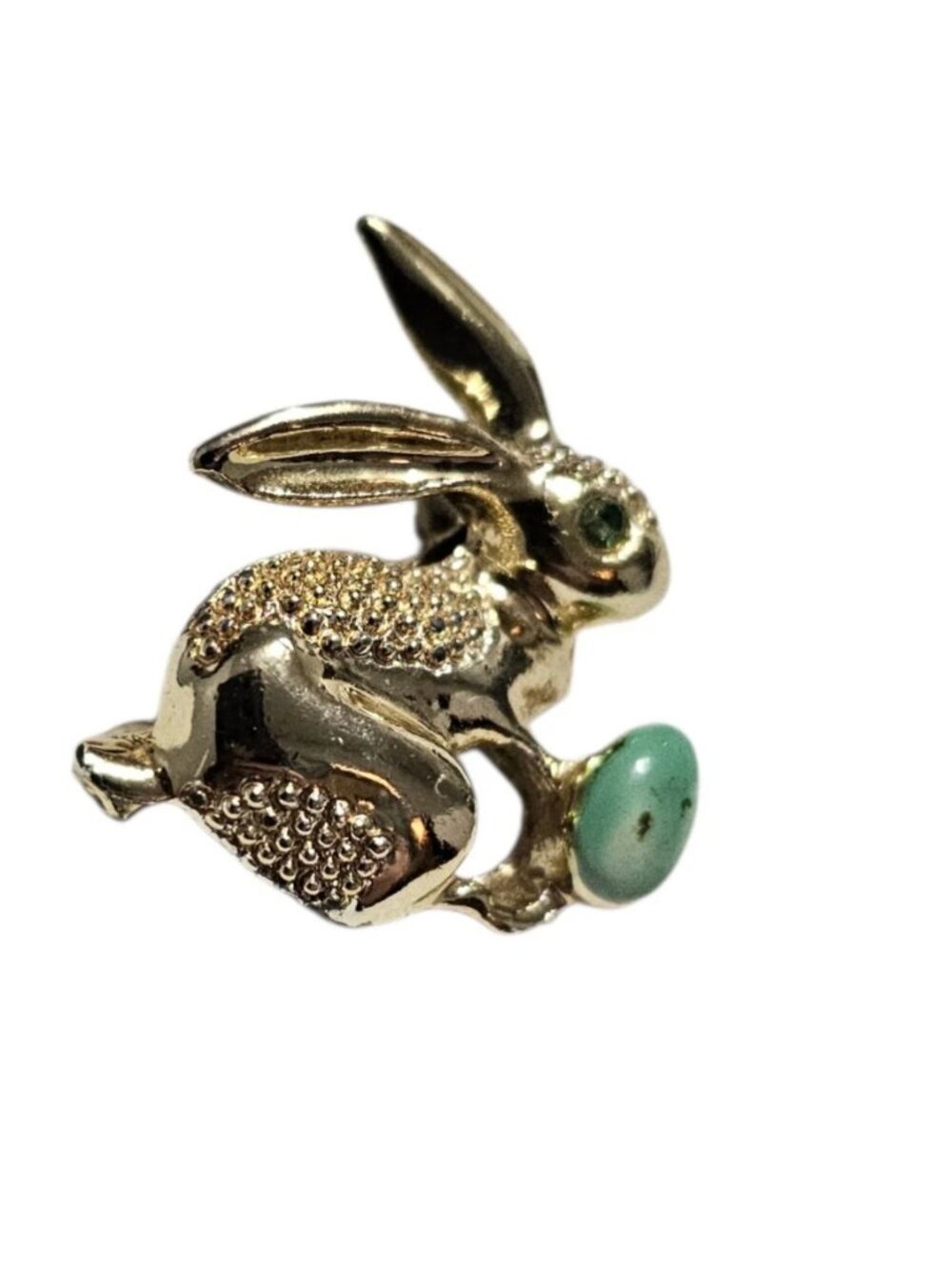 Vintage Bunny Rabbit Brooch Pin Gold Tone Green Rhinestone Textured Egg Animal